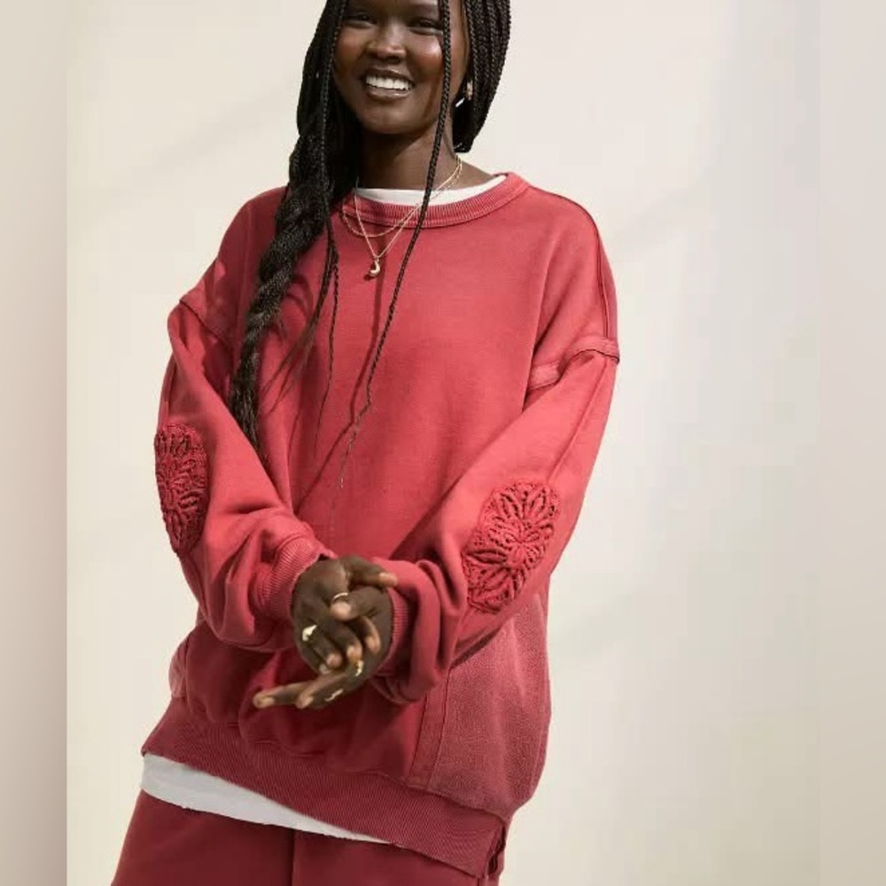 Aerie Keep It Light Crochet Crewneck Oversized Sweatshirt